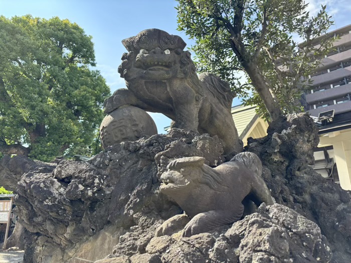 横浜　お三の宮日枝神社　砲弾を抱えた狛犬